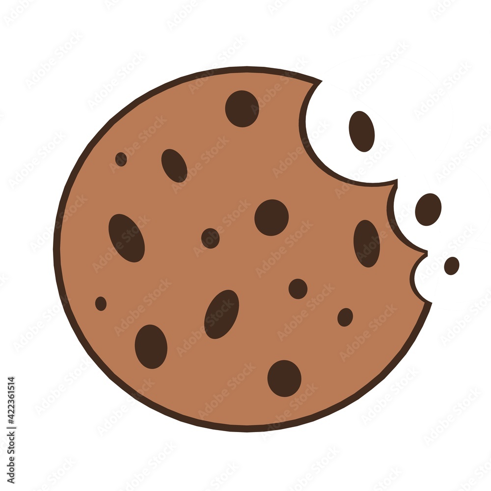 Chocolate chip cookie a bite taken. Homemade choco chip cookies with chocolate crisps isolated on white background. Bitten, broken, cookie crumbs. Illustration in doodle style. Sweet food. Biscuit Chocolate chip cookie a bite taken. Homemade choco chip cookies with chocolate crisps isolated on white background. Bitten, broken, cookie crumbs. Illustration in doodle style. Sweet food. Biscuit