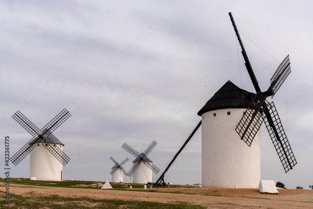 the historic white windmills of La Mancha above the town of Campo de Criptana
