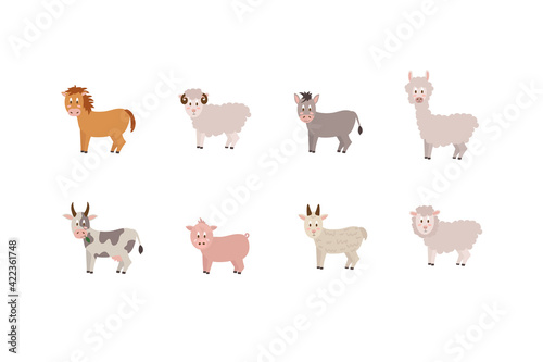 Set of farm animals isolated on a white background. Vector illustration of livestock. Collection of cartoon animals Sheep, Goat, Ram, Cow, Donkey, Horse, Pig, Llama. Vector illustration