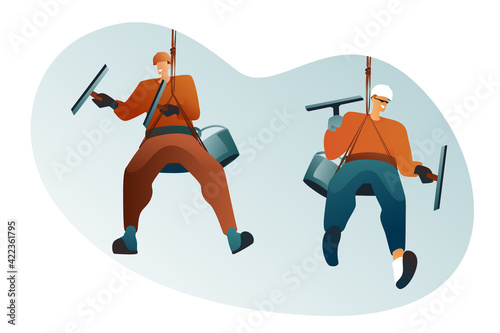 Male industrial climbers in helmets with special equipment washing the windows of a multi-storey building, inside view. Modern flat design on a white background. Guys on rope cables.