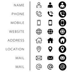 Company Connection business card icon set. Phone, name, website, address, location and mail logo symbol sign pack. Vector illustration image. Isolated on white background. Contact design template