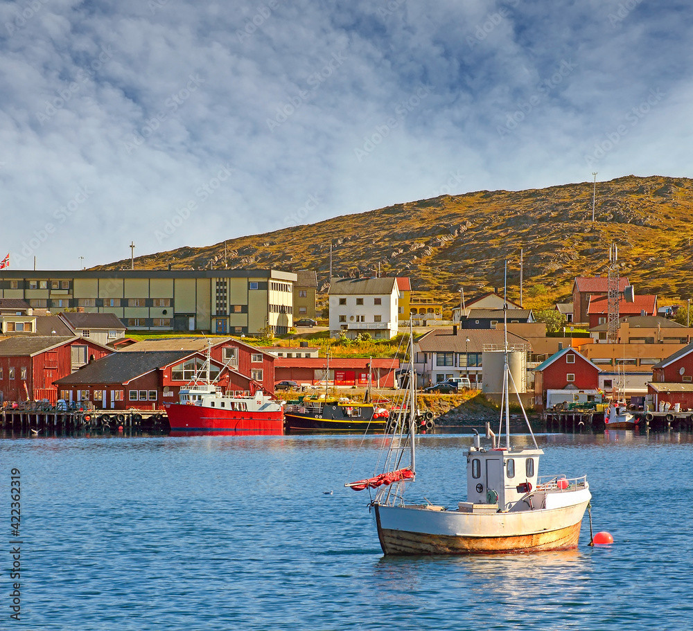 Harbor in the village of Mehamn. Mehamn is a the administrative centre of Gamvik Municipality in Finnmark county, Norway.