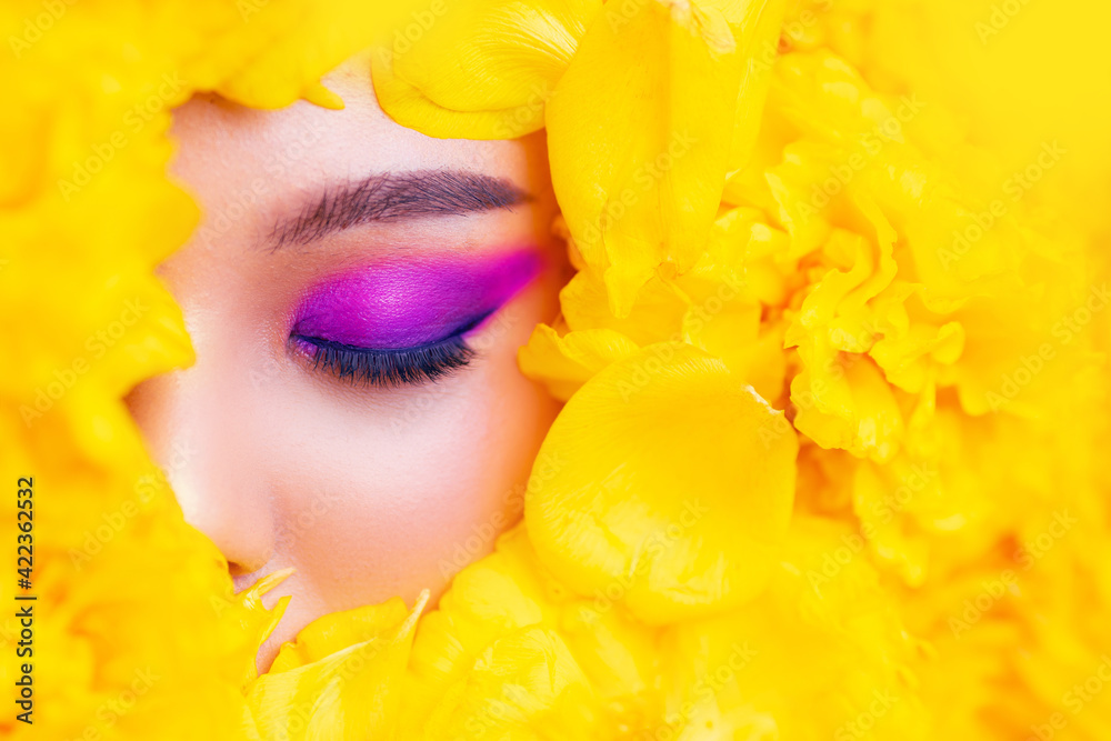 Fashion eye with flower, Asian female closeup colorful eyeshadow with extreme long false eyelashes. Eyelash Extensions. Makeup, Cosmetics, Close up macro eye woman. Fashion eye with flower, Asian female closeup colorful eyeshadow with extreme long false eyelashes. Eyelash Extensions. Makeup, Cosmetics, Close up macro eye woman.