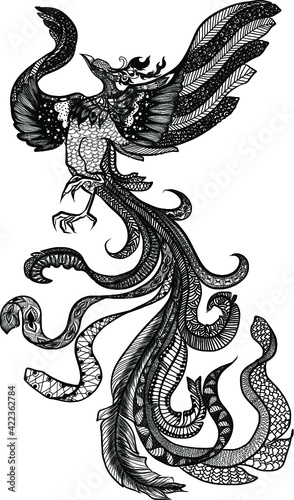 hand drawn colorful Phoenix tattoo,Fire bird isolate on white background,Japanese and Chinese style,Art of Phoenix Physiology.Fire bird graphic design.
