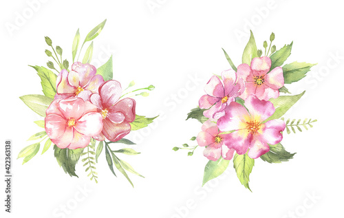 Watercolor floral illustration - leaves and branches bouquets with pink flowers and leaves for wedding stationary  greetings  wallpapers  background. Roses  green leaves. . High quality illustration