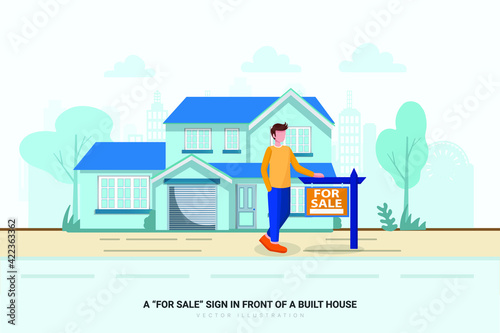 A �For Sale� sign in front of a built house