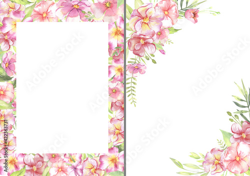 Watercolor floral illustration - leaves and branches frame with flowers and leaves for wedding stationary, greetings, wallpapers, background. Roses, green leaves. . High quality illustration