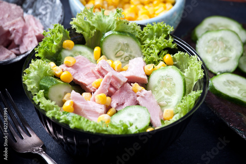 fresh tuna salad with corn and lettuce leaves, sauce and fresh cucumbers, closeup