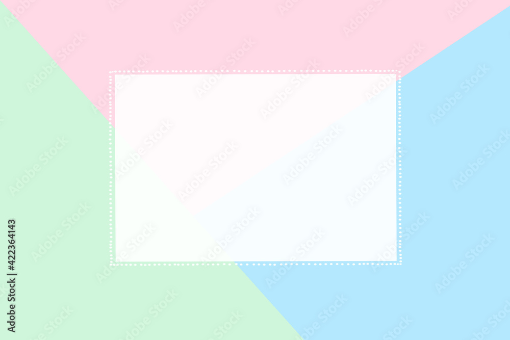 Rectangular blank card made of white paper with a dot frame on tri-color background. To create presentations.