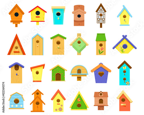 Wooden multicolored birdhouses of various shapes isolated on white background. Birdhouse, bird feeder. Big Set of icons. Crafts made of wood and nails. Bird Day, Nature protection. Vector illustration