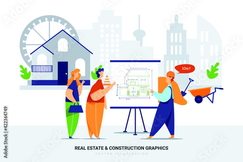 Buyers & construction worker working on a blueprint together