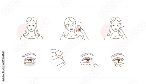 Beauty Girl Taking Care of her Under Eye Skin and Applying Eye Cream. Woman Making Treatment against Dark Circles. Beauty Skincare Routine. Flat Line Vector Illustration and Icons set.