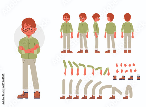 
Little Boy Character Constructor for Animation.  Front, Side and Back View. Cute Kid wearing Shirt in Different Postures. Body Parts Collection. Flat Cartoon Vector Illustration.

