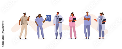 Diverse Medical Staff Portraits. Smiling Male and Female Doctors and Nurses wearing Uniform. Professional Healthcare Team at Work. Medical Characters Set. Flat Cartoon Vector Illustration. 