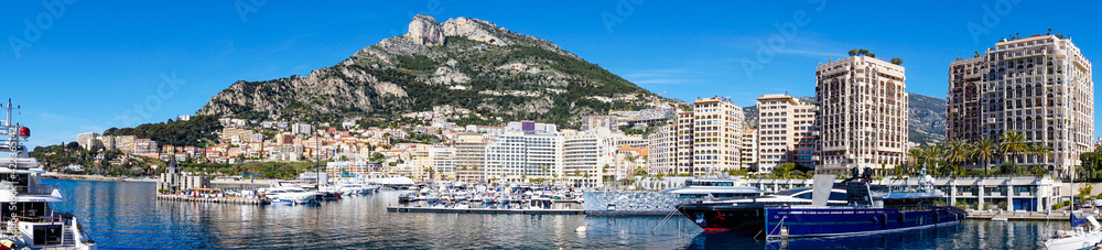 panorama view of the harbor of Cape d'Ail and hotels in the Fontvielle District of Monaco