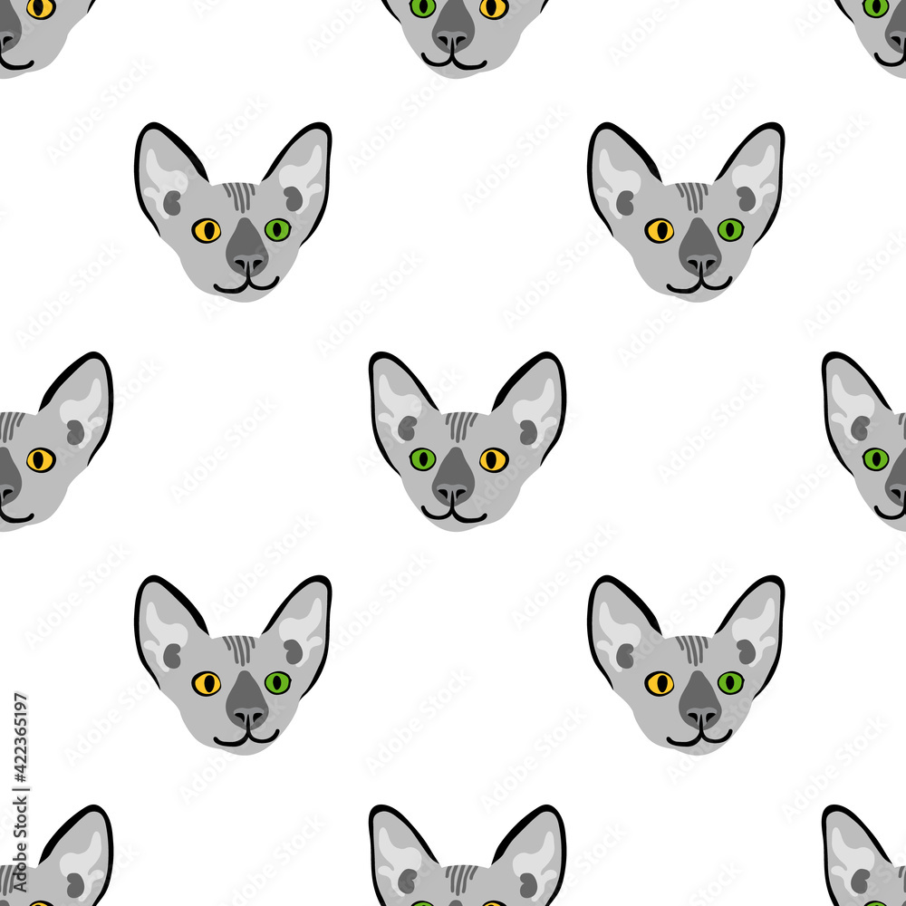 Seamless pattern with sphynx cat head. Funny animal with different eyes. Vector illustration.