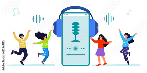 Music in smartphone Mobile technology for dancing party vector illustration Music applications Playlist online songs Smartphone music for happy young dancing people character