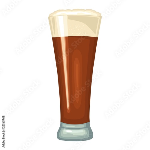 Glass with brown beer with foam. Vector color flat icon. Isolated on white
