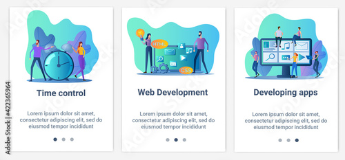 Modern flat illustrations in the form of a slider for web design. A set of UI and UX interfaces for the user interface.Application development and time control.