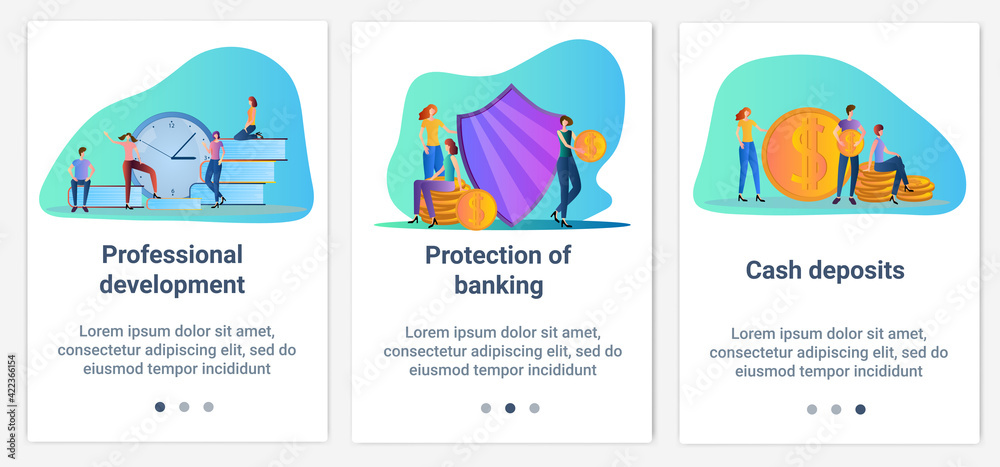 Modern flat illustrations in the form of a slider for web design. A set of UI and UX interfaces for the user interface.Bank protection and cash deposit.
