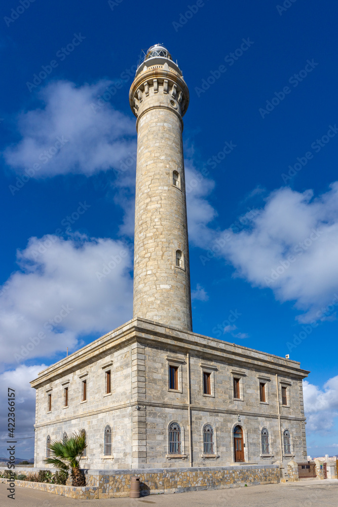 vertical close up view of the Cape Palos lighthouse in Spain