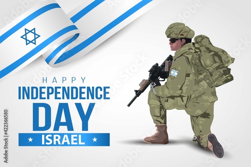 background for Happy independence day of Isrel. a soldier with gun and flag. Vector illustration.