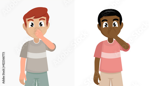 boy holding fingers on nose. person covering breath with hand for bad smell.