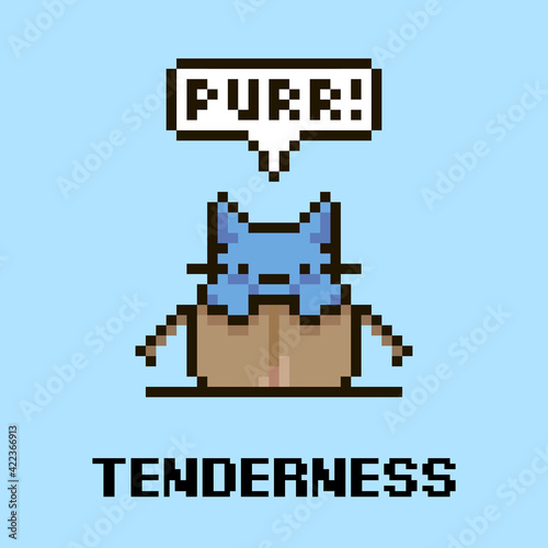 colorful simple flat pixel art illustration of cartoon cute kitten sitting in an open cardboard box and speech-bubble with text purr in it