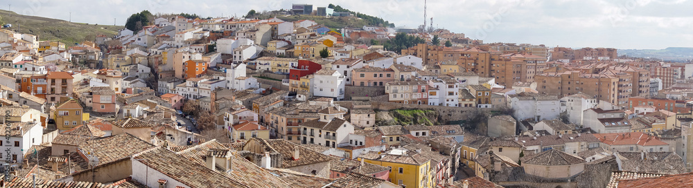 panorama view of the rooftops and colorful houses of the old city center of Cuenca