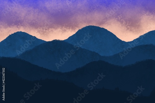 Blue mountain landscape. Sunrise and sunset. Natural background with vast landscapes, horizon, skies and dense lush forest. Travel, adventure, calm energy concept. Outdoor layout design.