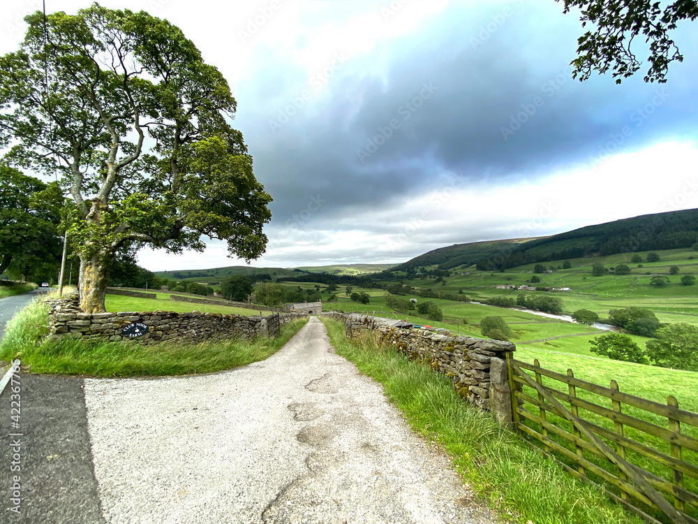 Rural landscape, with farms, fields and hills near, Barden, Skipton, UK