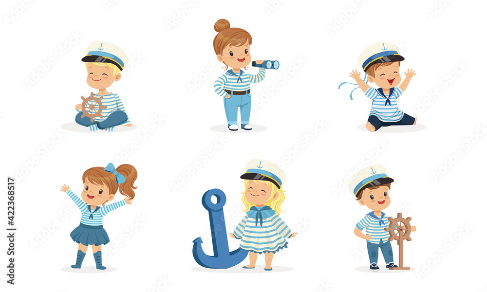 Cute Cheerful Little Boys and Girls in Sailor Costumes Set, Adorable Kids Dreaming of Sailing Cartoon Vector Illustration