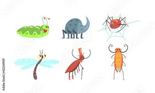 Cute Funny Insects Set, Caterpillar, Rhinoceros Beetle, Spider, Cricket, Dragonfly Cartoon Vector Illustration