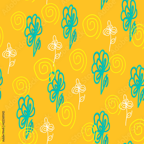 Seamless vector pattern with hand drawn abstract flowers and spiral elements in doodle style,simple illustration for interior design,cover and textile motif,wallpaper,print with orange background