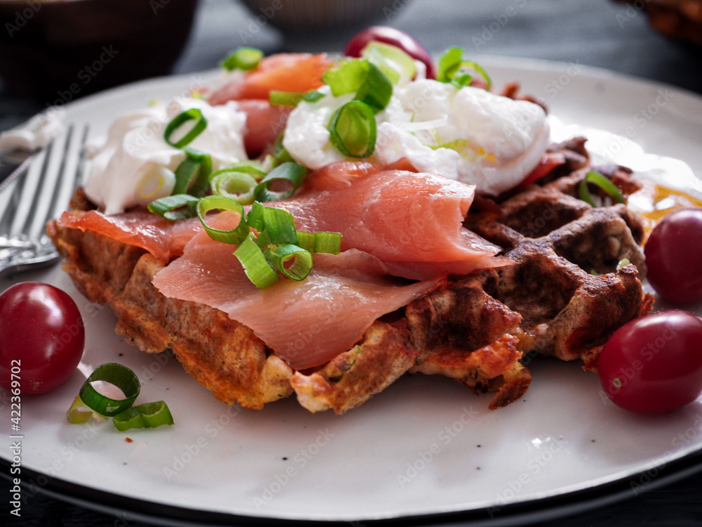 waffles with salmon and avocado