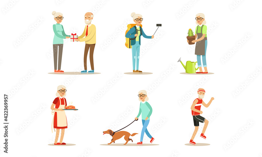 Elderly People Activity Set, Senior Men and Women Celebrating Holidays, Gardening, Traveling, Walking with Dog Cartoon Vector Illustration