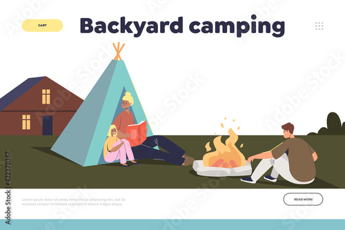 Backyard camping concept of landing page with family having tent and campfire outside house