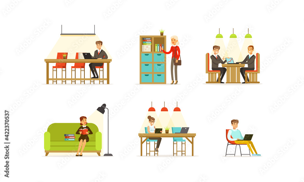 Obraz premium Business People Working in Open Space Office and at Home Set, Freelancers Working Remotely Cartoon Vector Illustration