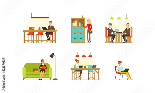Business People Working in Open Space Office and at Home Set, Freelancers Working Remotely Cartoon Vector Illustration