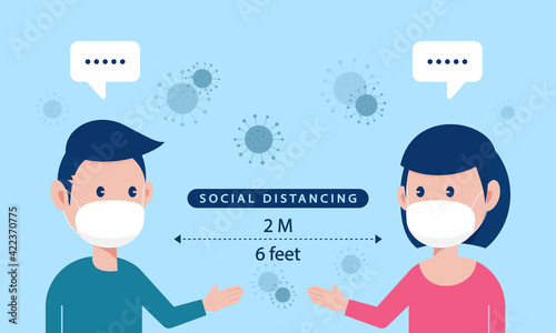 Social distancing concept. Man and woman are wearing surgical  protective mask to prevent from virus, COVID-19,  coronavirus and respiratory disease. Health care concept. Vector illustration.