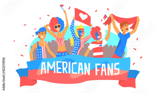 American Fans Banner Template, Happy Sport Fans in American Flag Colors Outfit Cheering for their Sports Team Cartoon Vector Illustration
