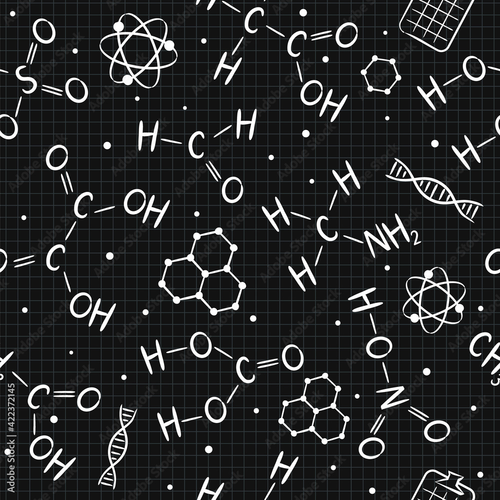 Fototapeta premium Seamless doodle pattern with chemistry elements on blackboard. Vector background. School pattern on page from a notebook in a cage.