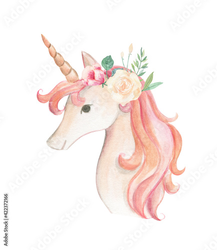 Fototapeta Naklejka Na Ścianę i Meble -  Unicorn watercolor illustration flower wreath 