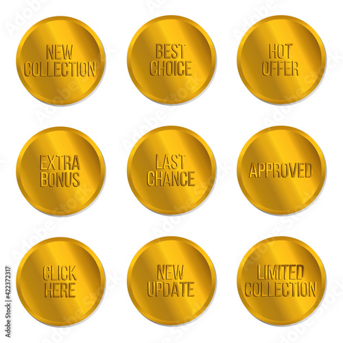Set of vector round stickers in gold gradient isolated on white background.