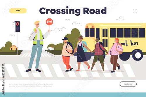 Fotografia, Obraz Crossing road safely concept of landing page with officer guiding group of kids