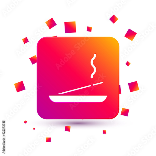 White Scented spa stick on a wooden stand icon isolated on white background. Incense stick. Cosmetic procedure aromatherapy. Square color button. Vector Illustration