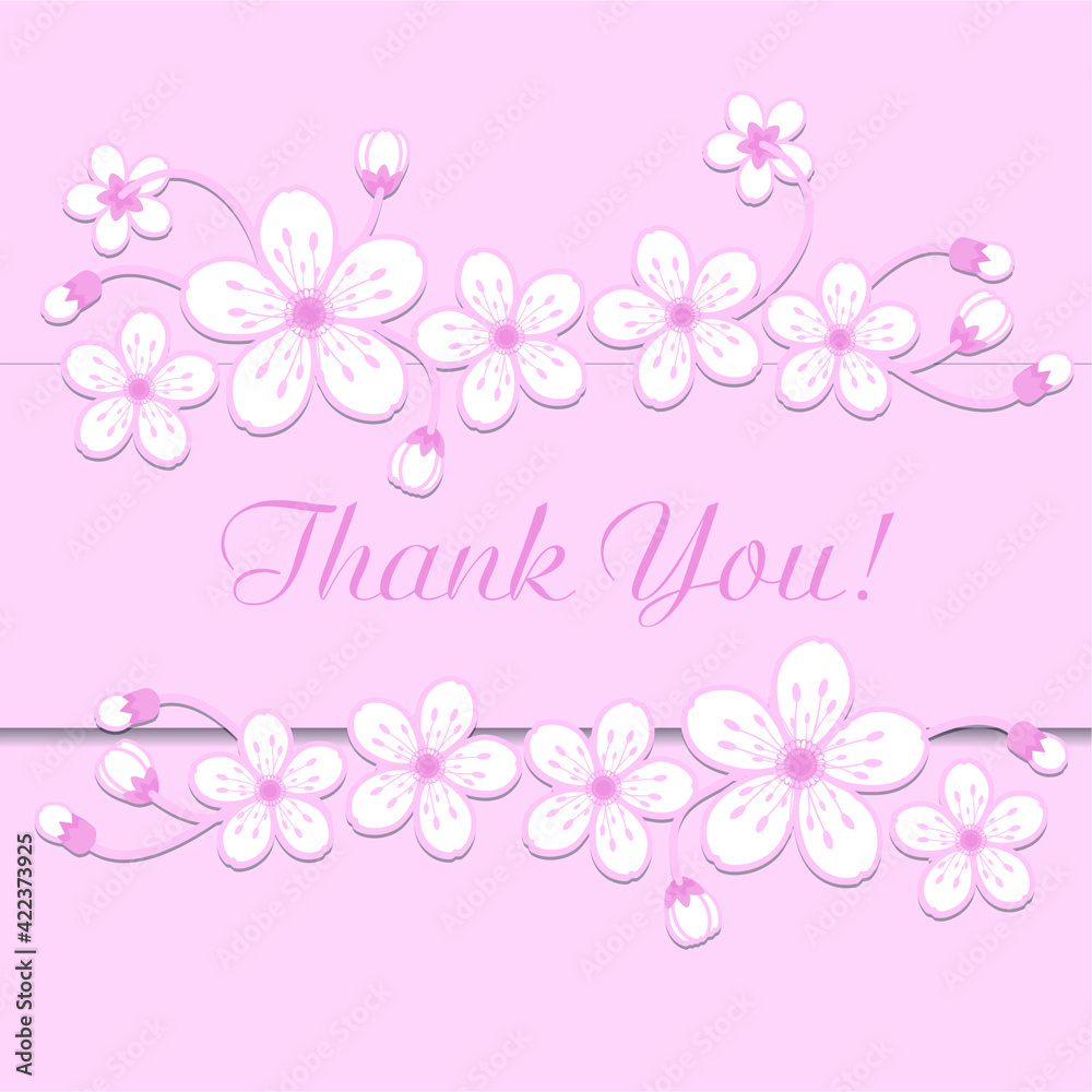 Cherry blossom 'Thank you' card. Spring pink flowers and banner with drop shadows on a beige elegant background in modern style. Perfect for mother’s day, wedding, greeting or invitation design