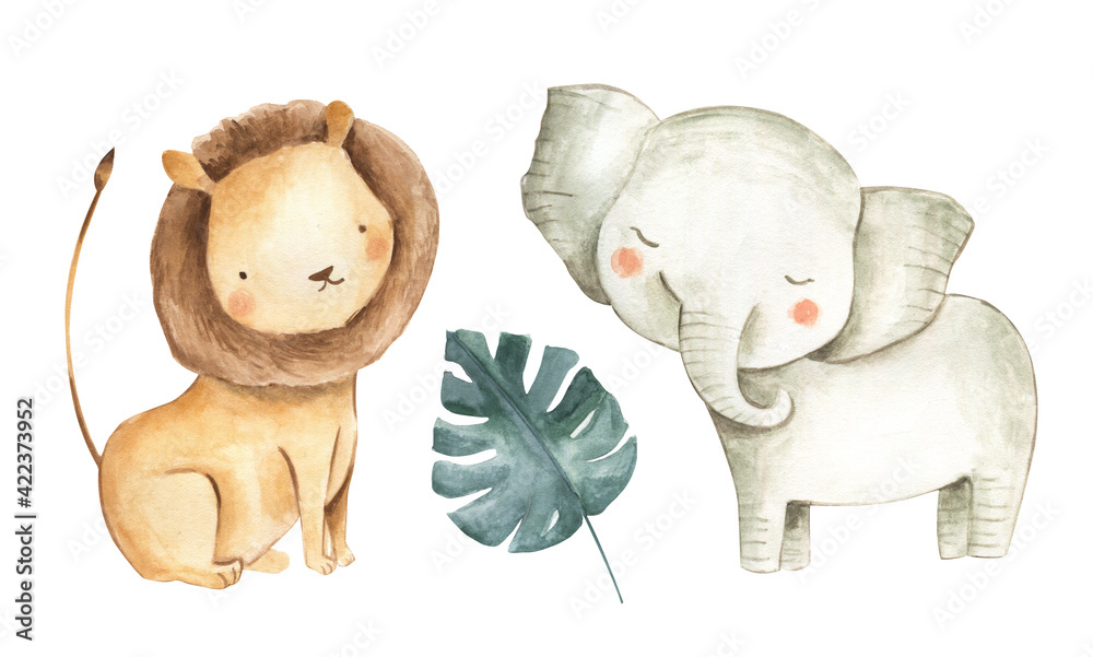 Safari animals watercolor illustration lion zebra  - obrazy, fototapety, plakaty 