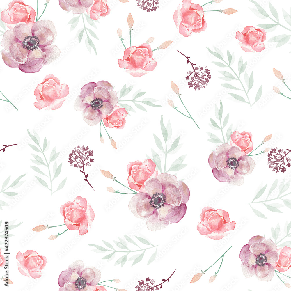 Watercolor floral seamless pattern pink lilac unicorn 