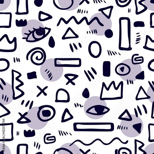 Psychedelic vector seamless pattern geometry in the line style on white background. Joyful memphis hooligan vector pattern. The template for the cover fabric, books. Modern design for the fabric.